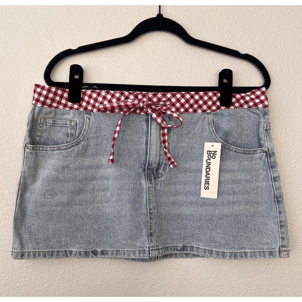 No Boundaries Denim Jean Mini Skirt Gingham Tie Waist Medium Y2K Cottagecore